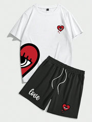 Manfinity Men's Cartoon Heart Printed T-Shirt And Shorts Set