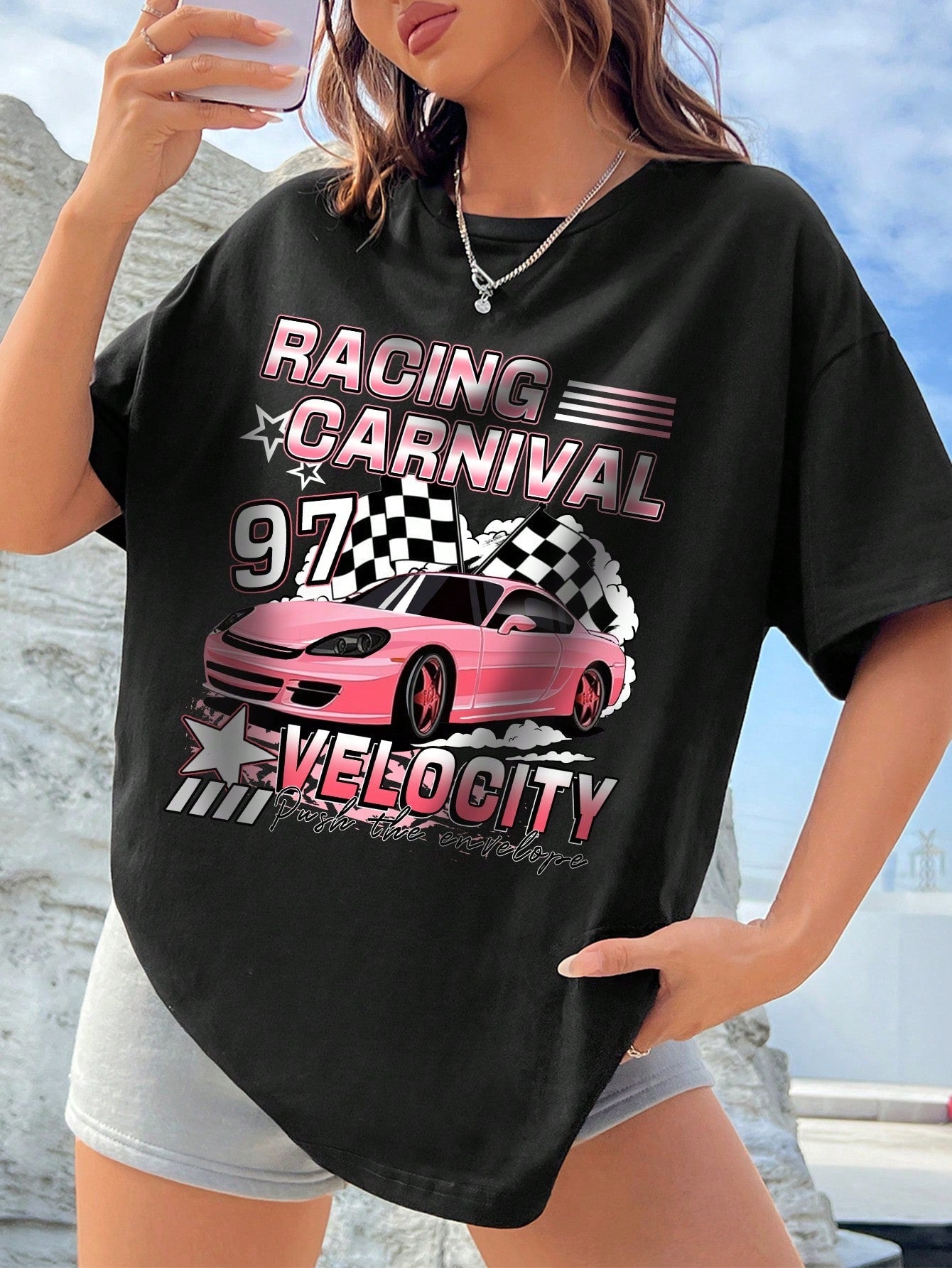 EZwear Casual Simple Car Printed Design Loose Fit Women's Round Neck T-Shirt