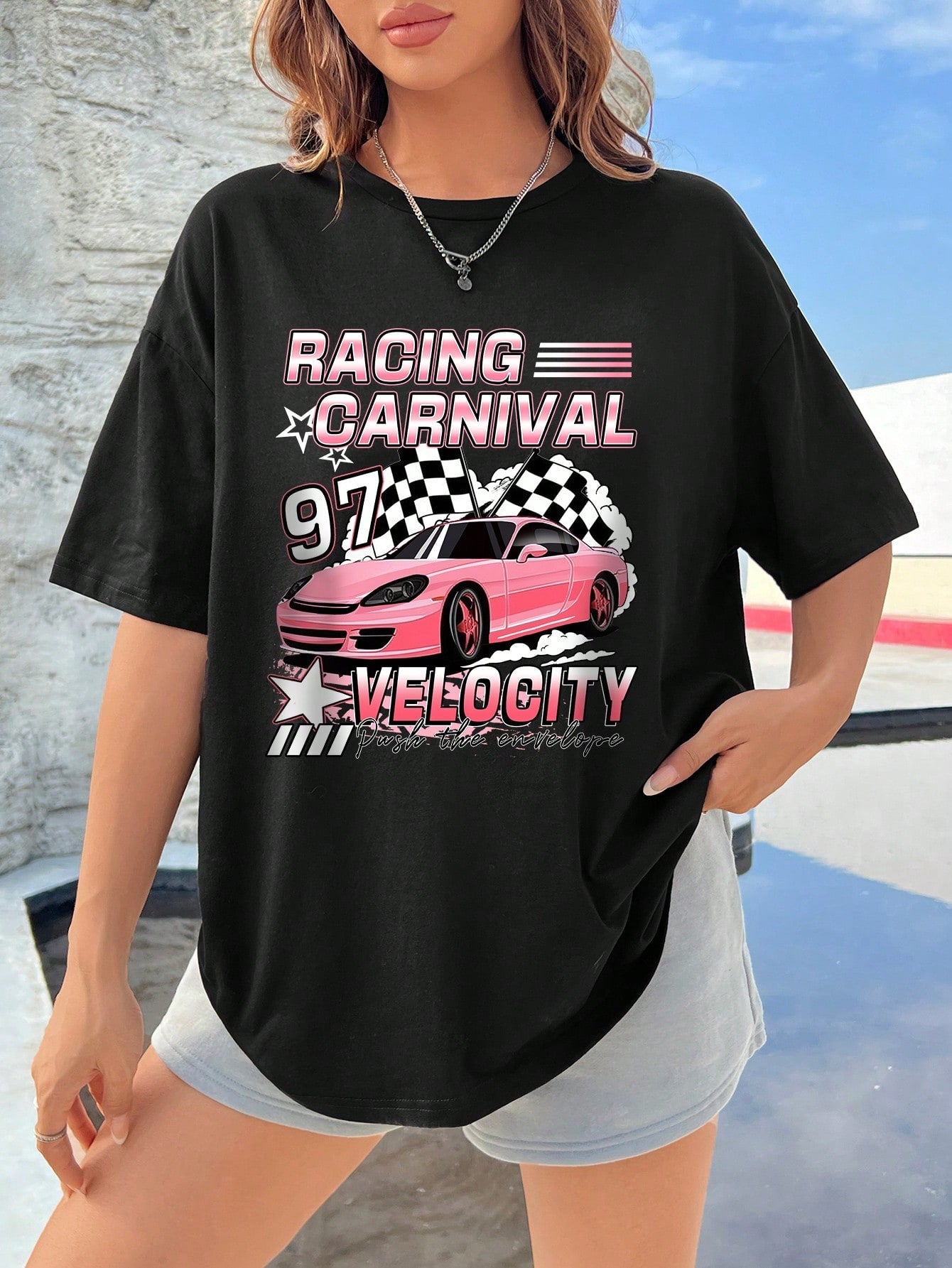 EZwear Casual Simple Car Printed Design Loose Fit Women's Round Neck T-Shirt