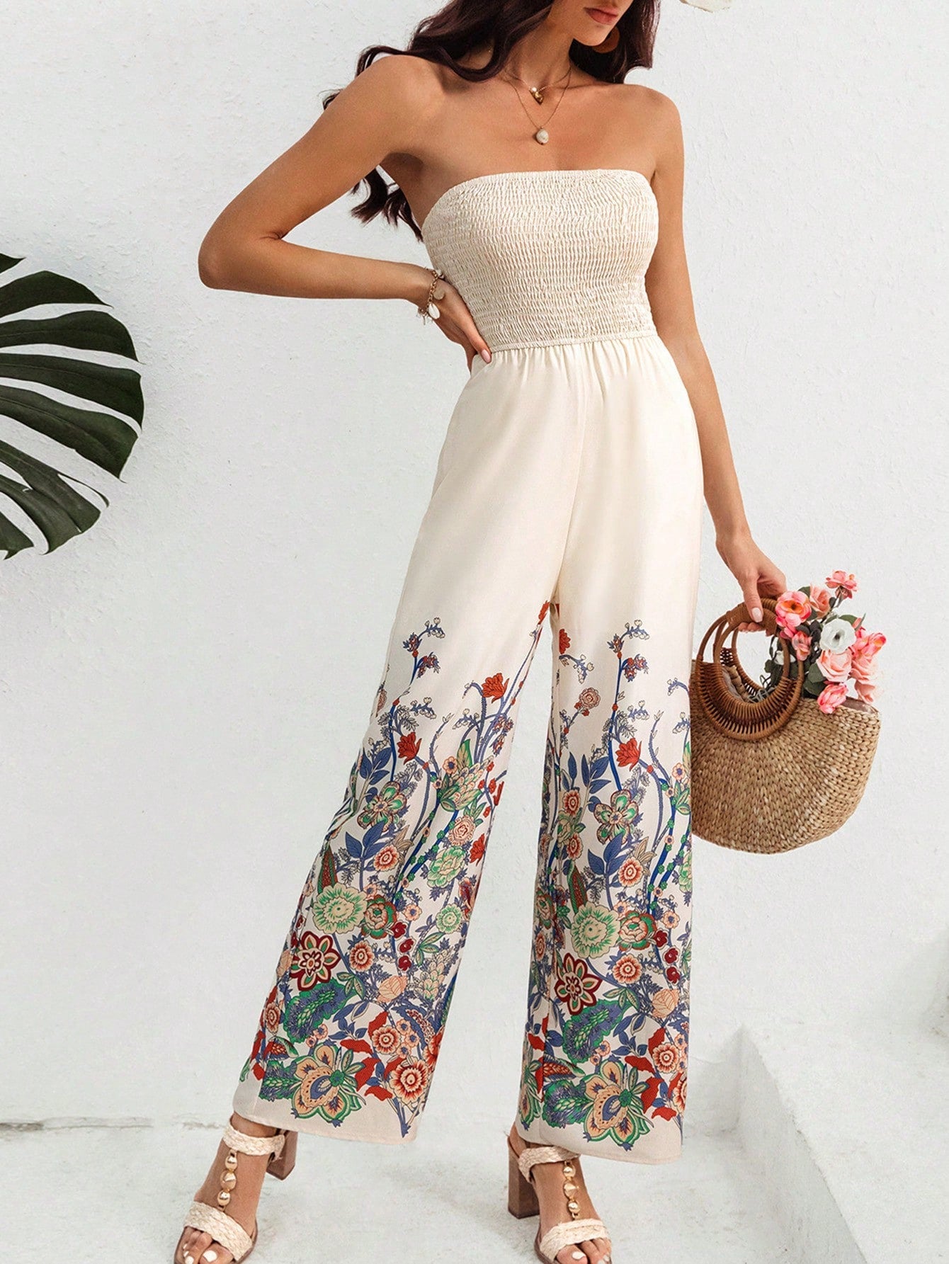 VCAY Women's Floral Print Strapless Jumpsuit