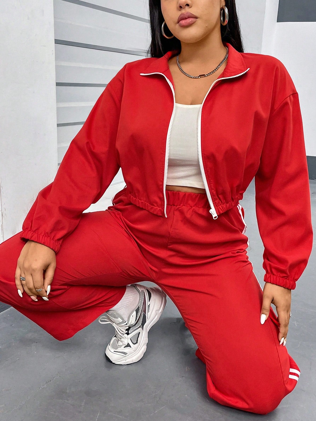 Coolane Plus Size Women's Zipper Front Jacket And Cargo Pants Casual Sports Two-Piece Suit