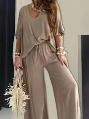 LUNE Plus Size Solid Color V Neck Top And Pants Set