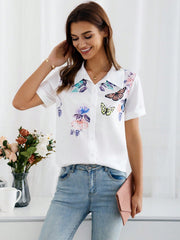 EMERY ROSE Women's Butterfly And Floral Pattern Short Sleeve Blouse