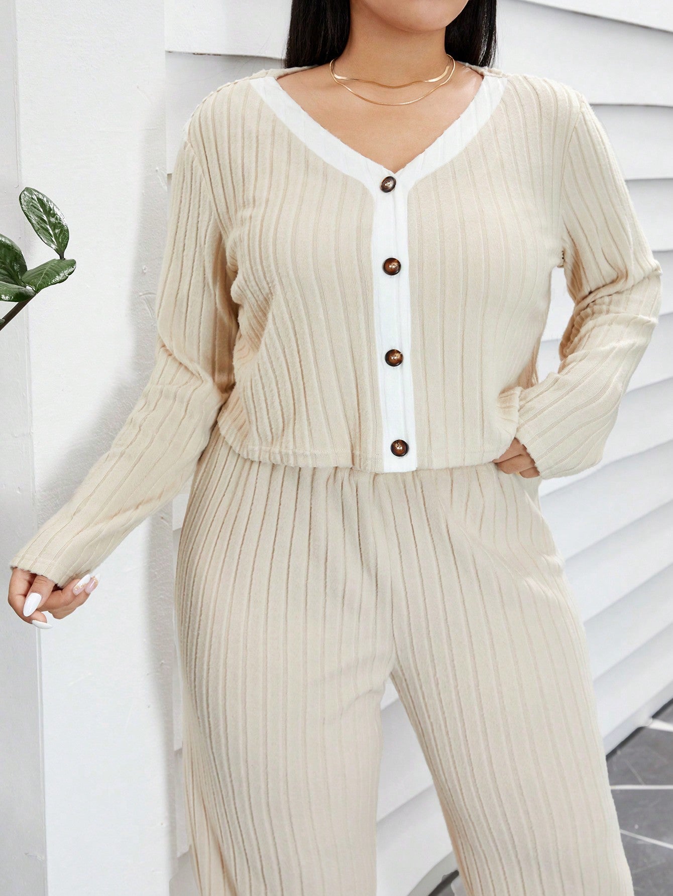 Essnce Women's Plus Size Fashionable Casual Simple Long Sleeve Open Cardigan And Long Pants Set