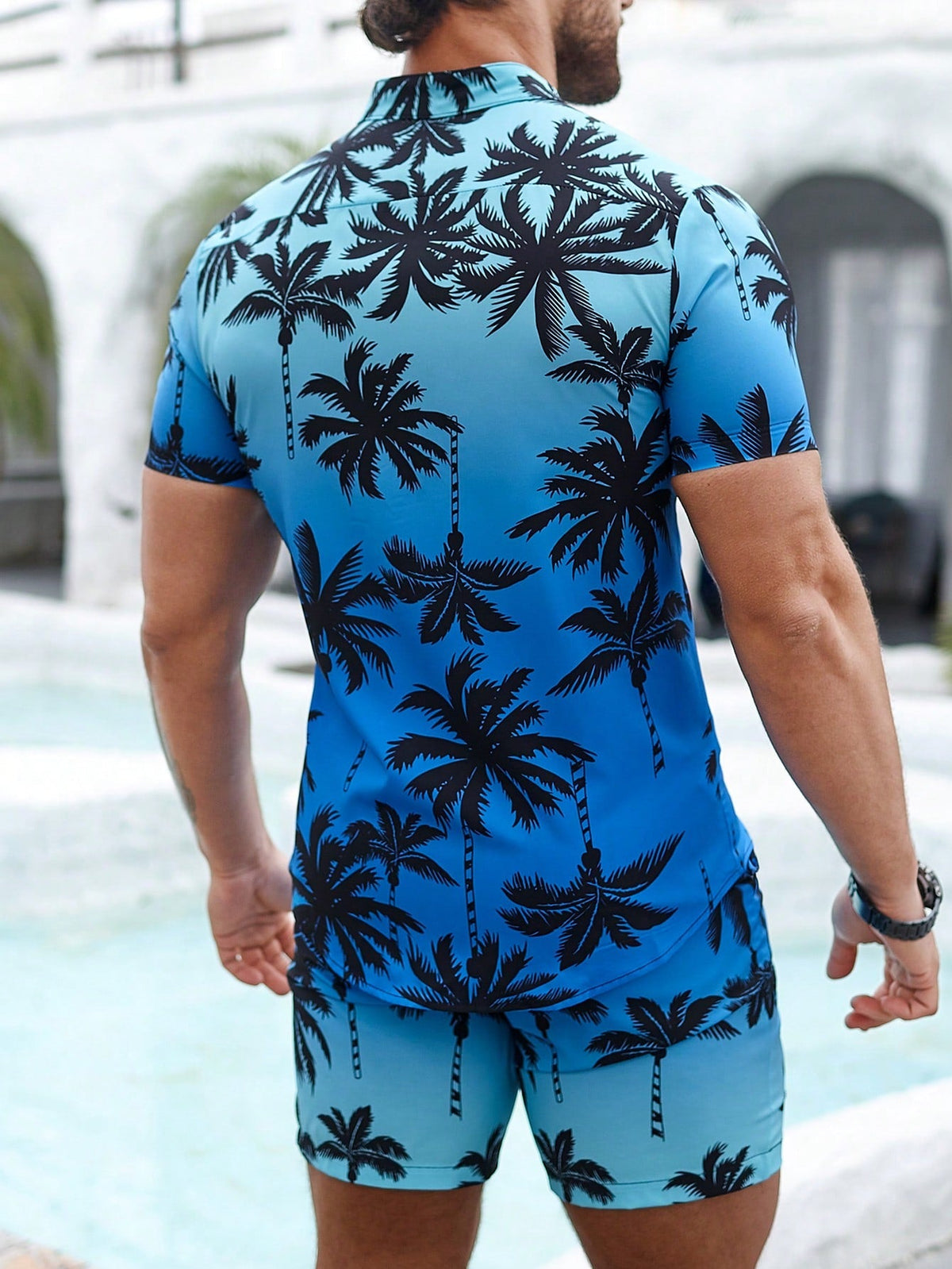 Manfinity RSRT Men's Palm Tree Printed Short Sleeve Shirt And Shorts Set For Vacation Style