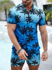 Manfinity RSRT Men's Palm Tree Printed Short Sleeve Shirt And Shorts Set For Vacation Style