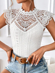 Frenchy Tee  Lace Splice Flying Sleeve Tee With Ruffle Details Summer Tee