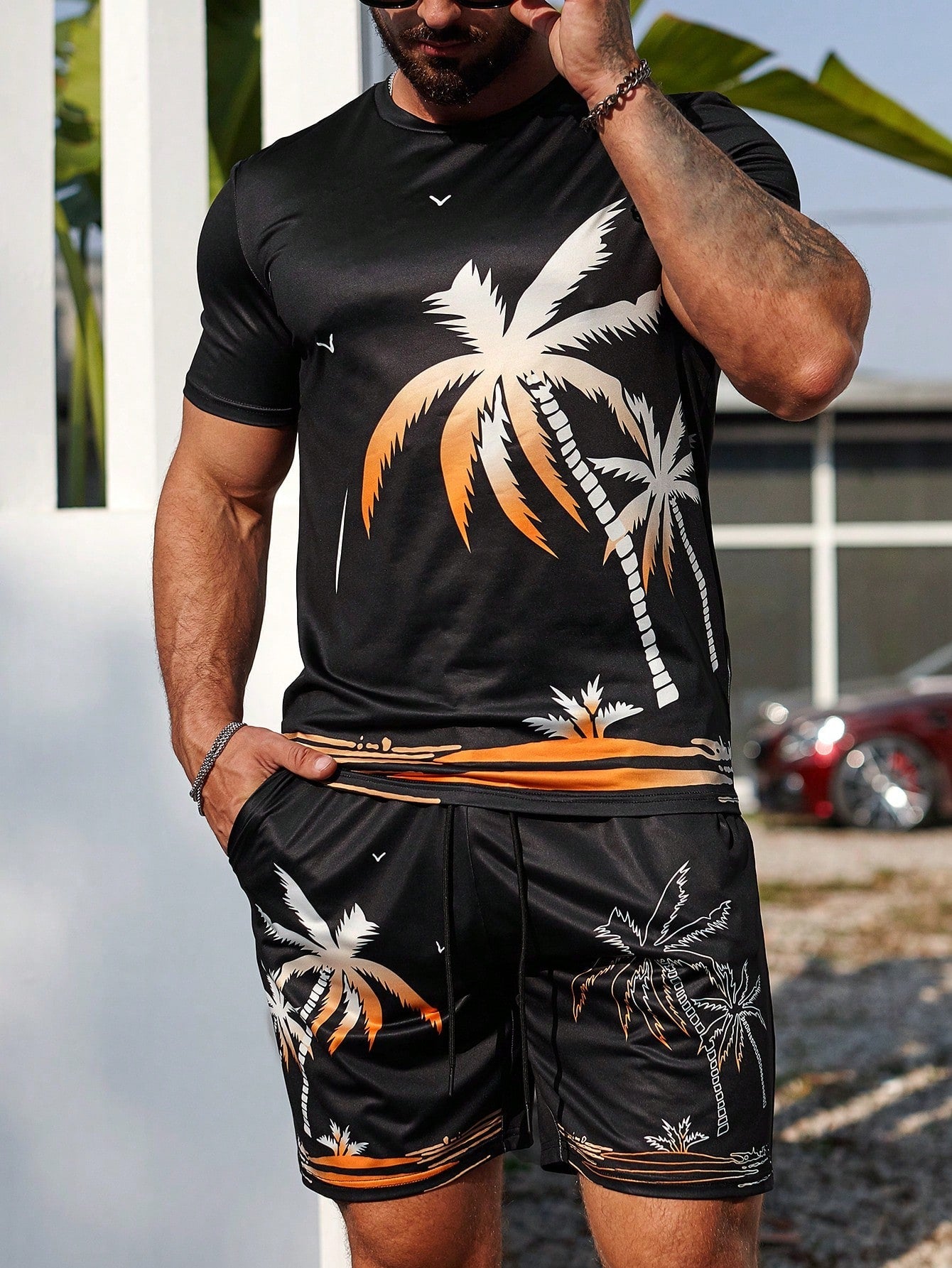 Manfinity RSRT Men's Coconut Tree Print T-Shirt And Shorts Set