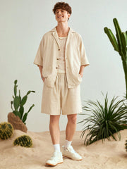 Manfinity VCAY Men'S Woven Loose-Fit Drop Shoulder Shirt And Shorts Set For Casual Wear