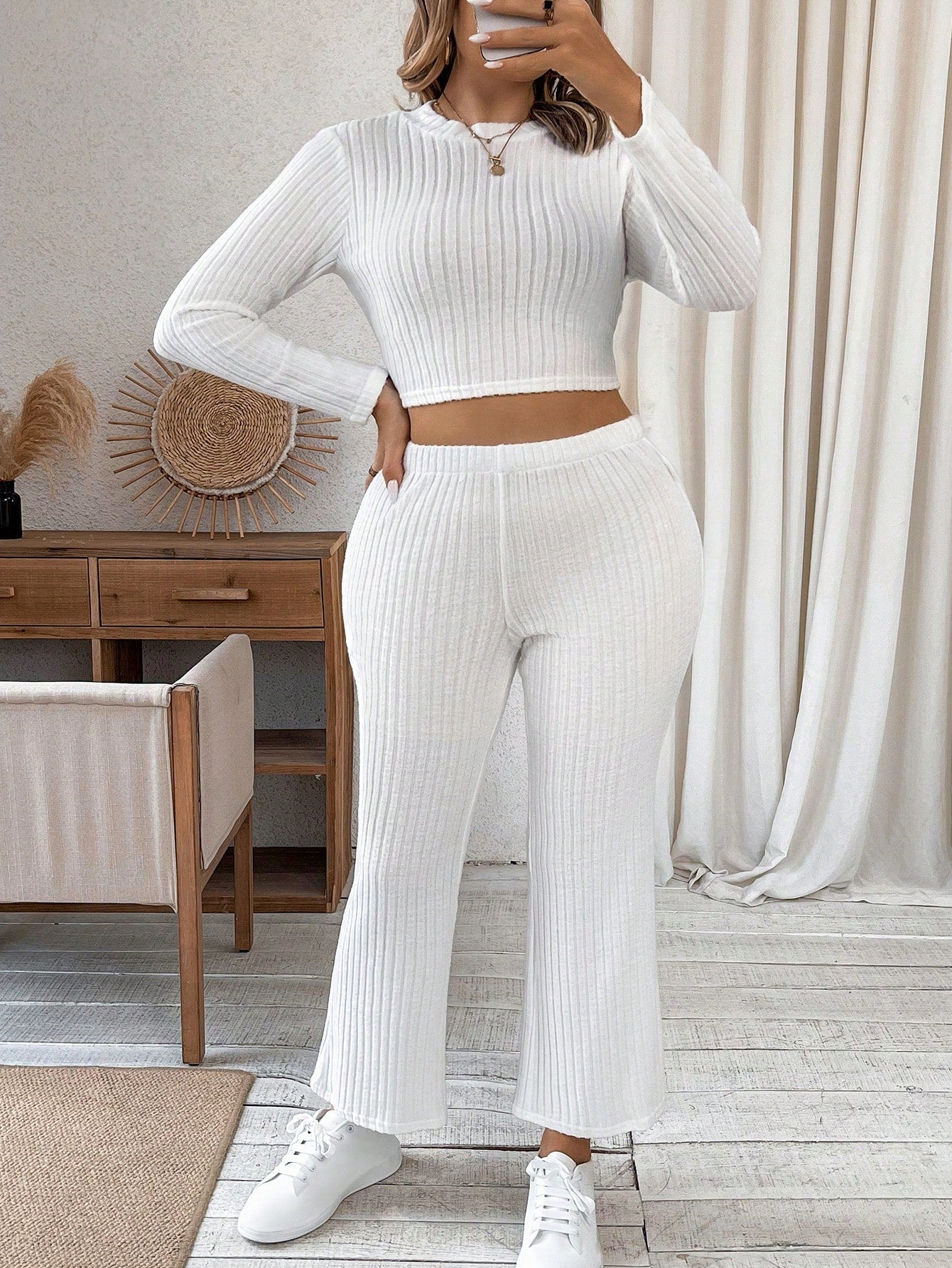 Essnce Plus Size Long Sleeve Cropped Top And Long Pants Set