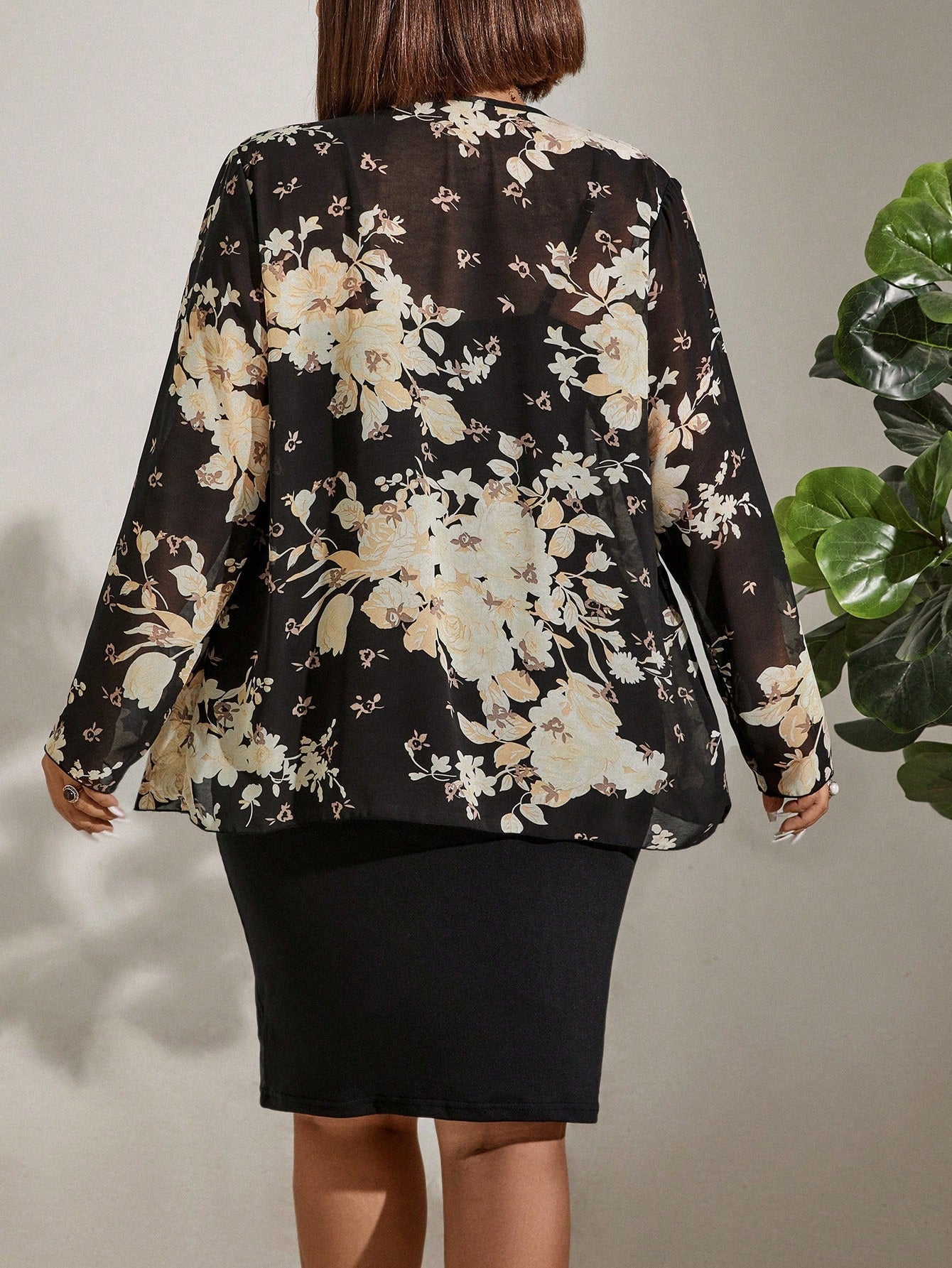 LUNE Plus Size Women's Floral Printed Jacket And Dress 2pcs/Set