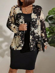 LUNE Plus Size Women's Floral Printed Jacket And Dress 2pcs/Set