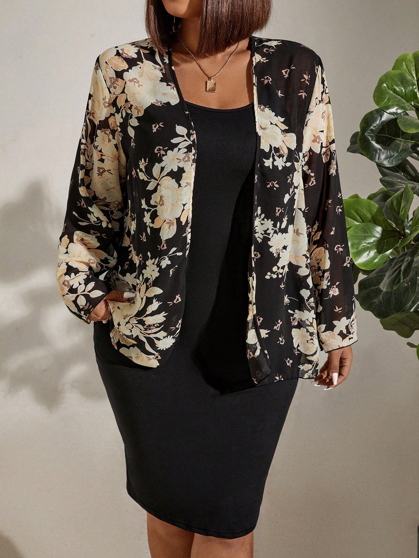 LUNE Plus Size Women's Floral Printed Jacket And Dress 2pcs/Set