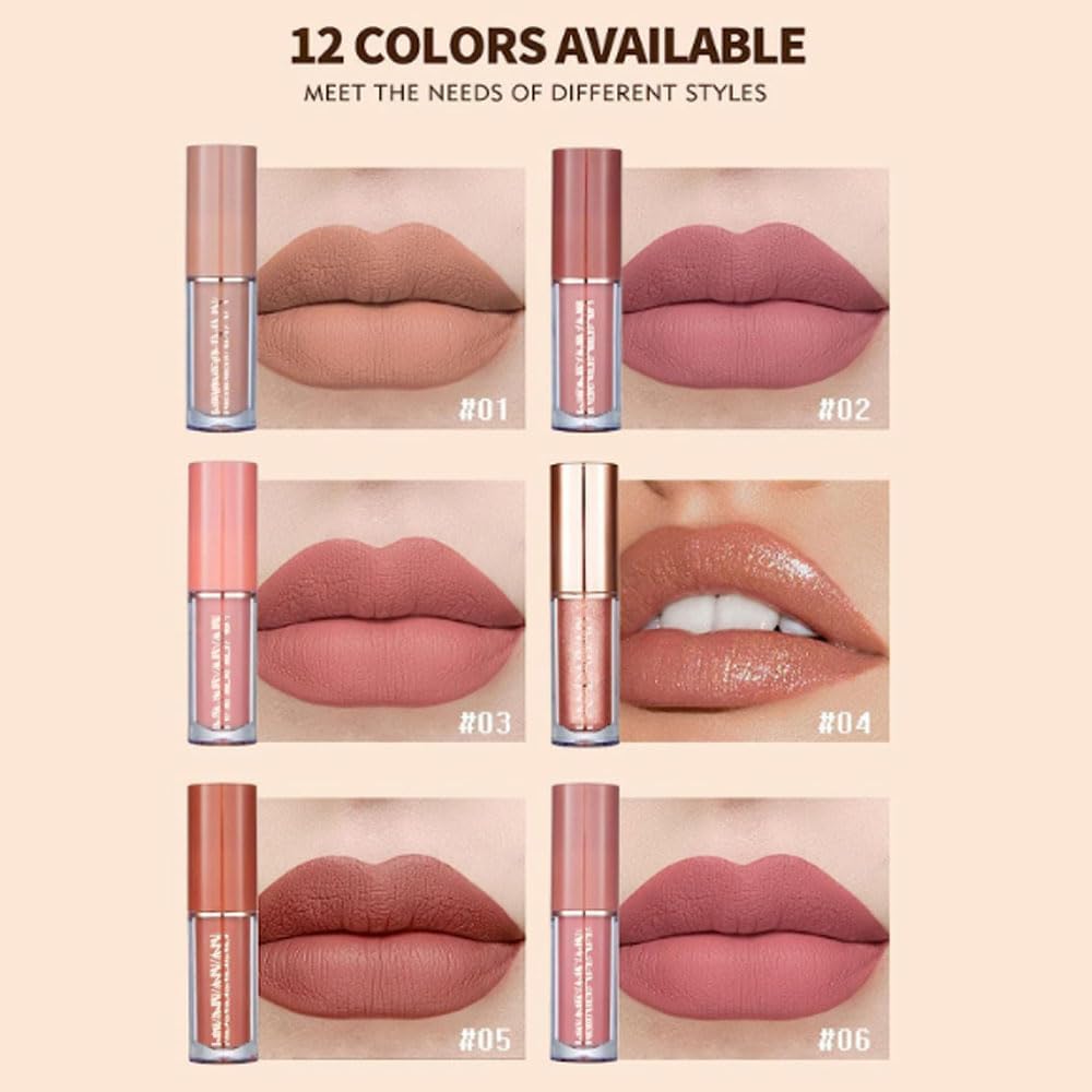 12 Colors 2.5ml Lip Gloss Set Matte Pearlescent Non-Sticky Lip Glaze Lipstick